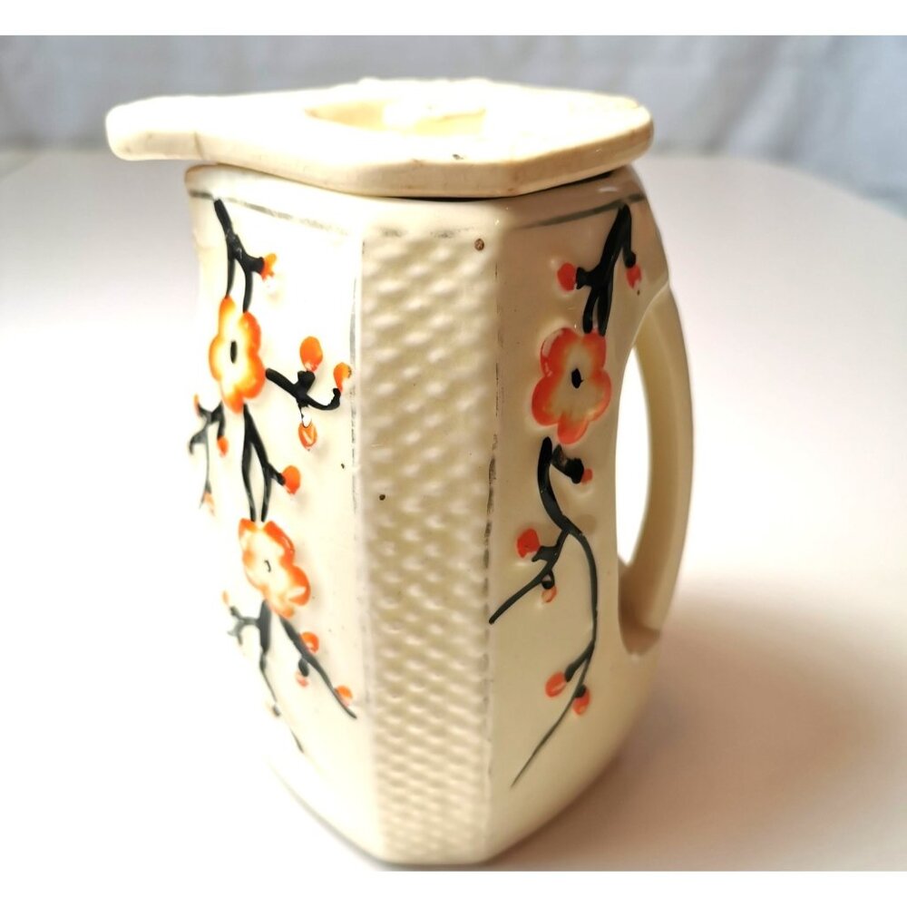 Vtg  60s Japanese Tea Caddy Jar Lidded Octagon Cream Cherry Blossom Sunburst